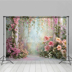 Aperturee - Aperturee Pink and White Floral Garden Photography Backdrop with Hanging Vines Ethereal Spring Wedding Decor