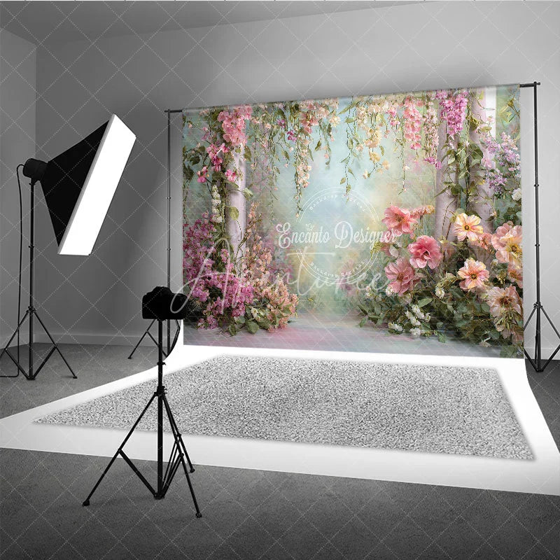 Aperturee - Aperturee Pink and White Floral Garden Photography Backdrop with Hanging Vines Ethereal Spring Wedding Decor