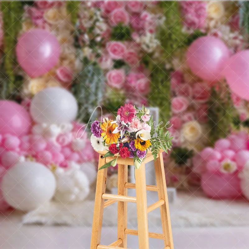 Aperturee - Aperturee Pink and White Floral Rose Wall Photography Backdrop First Birthday Baby Shower with Balloons and Number