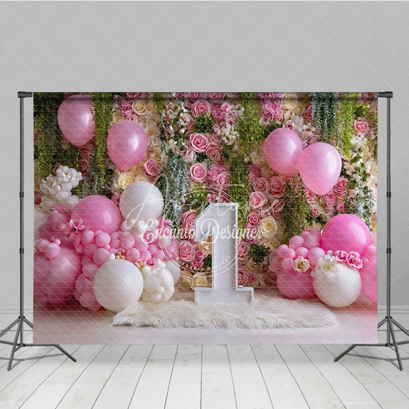 Aperturee - Aperturee Pink and White Floral Rose Wall Photography Backdrop First Birthday Baby Shower with Balloons and Number