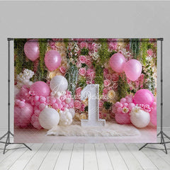 Aperturee - Aperturee Pink and White Floral Rose Wall Photography Backdrop First Birthday Baby Shower with Balloons and Number