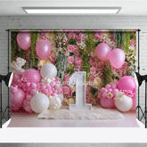 Aperturee - Aperturee Pink and White Floral Rose Wall Photography Backdrop First Birthday Baby Shower with Balloons and Number