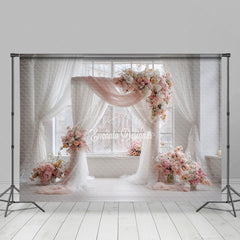 Aperturee - Aperturee Pink and White Floral Wedding Arch Photography Backdrop Bright and Airy Decor Romantic Indoor Ceremony Photo Booth