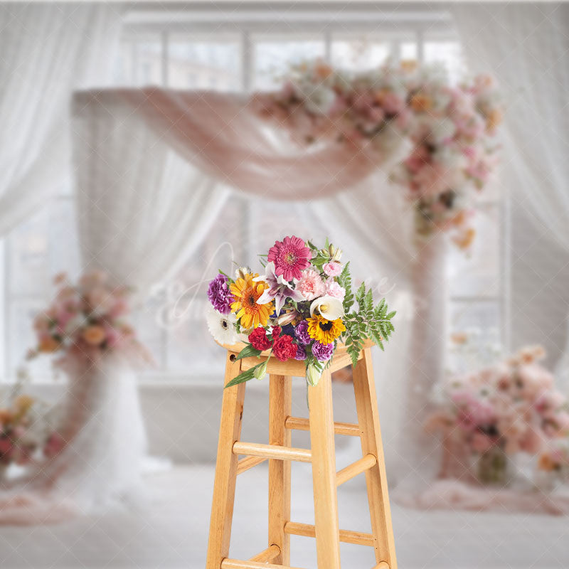 Aperturee - Aperturee Pink and White Floral Wedding Arch Photography Backdrop Bright and Airy Decor Romantic Indoor Ceremony Photo Booth