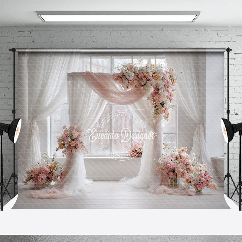 Aperturee - Aperturee Pink and White Floral Wedding Arch Photography Backdrop Bright and Airy Decor Romantic Indoor Ceremony Photo Booth