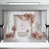 Aperturee - Aperturee Pink and White Floral Wedding Arch Photography Backdrop Bright and Airy Decor Romantic Indoor Ceremony Photo Booth