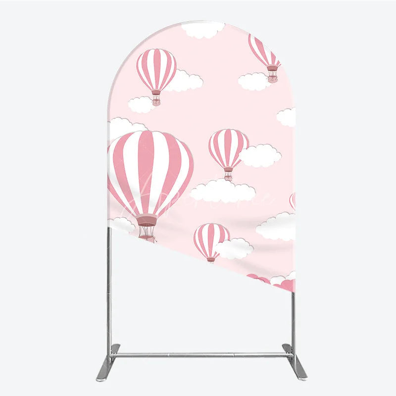 Aperturee - Aperturee Pink and White Striped Hot Air Balloon and Cloud Round Top Arch Backdrop Cartoon Baby Shower Birthday Party Decor