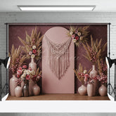 Aperturee - Aperturee Pink Arch Boho Floral Feather Wedding Photo Backdrop