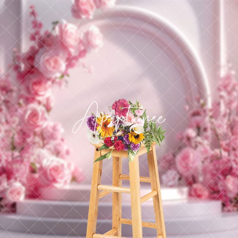Aperturee - Aperturee Pink Arched Wall Romantic Rose Wedding Photo Backdrop