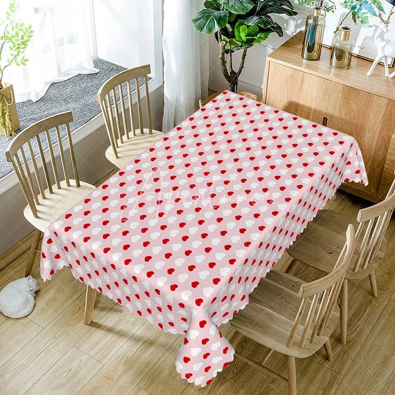 Aperturee - Aperturee Pink Background White Heart Polka Dot Rectangle Tablecloth Classic Love Pattern Cute Girls Party Decor
