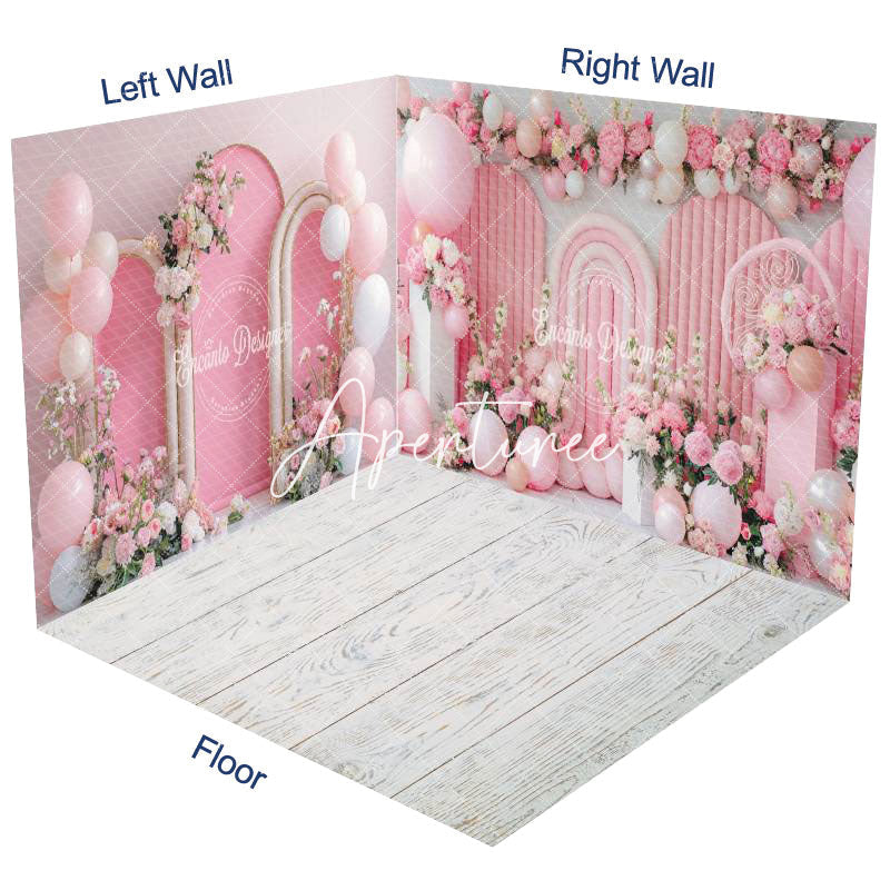 Aperturee - Aperturee Pink Balloon Arch Floral Wedding Room Set Backdrop