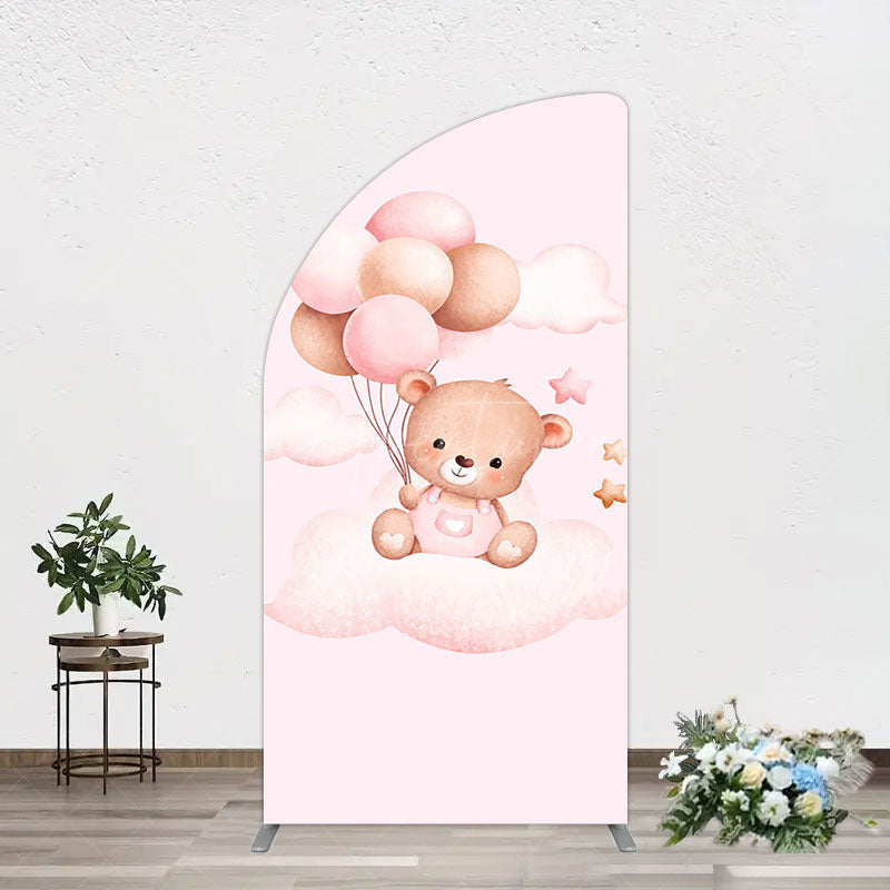 Aperturee - Aperturee Pink Balloon Sweet Teddy Baby Shower Half Moon Arch Backdrop