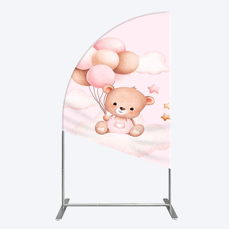 Aperturee - Aperturee Pink Balloon Sweet Teddy Baby Shower Half Moon Arch Backdrop