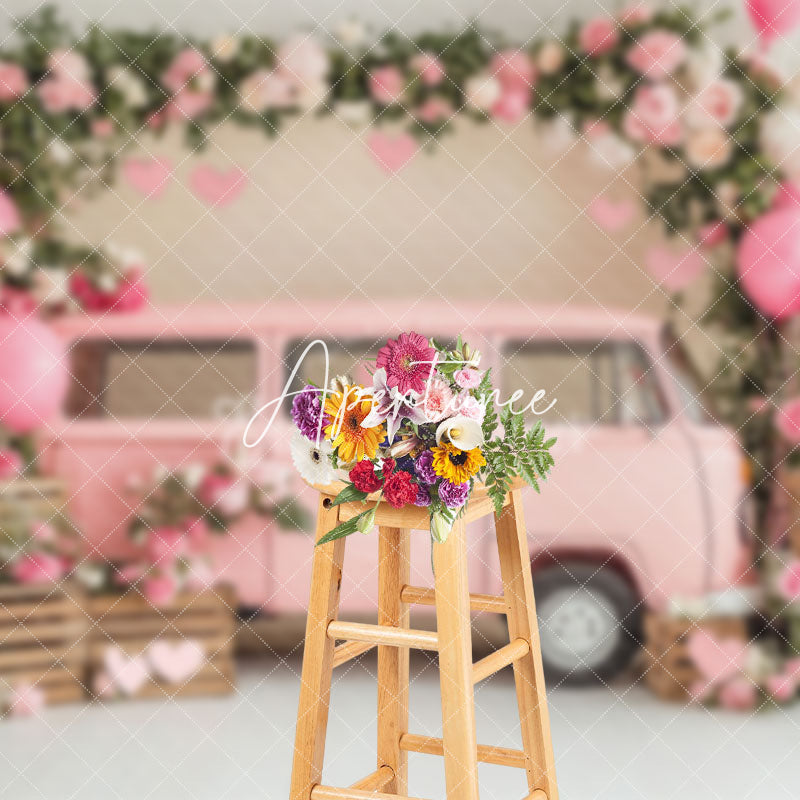 Aperturee - Aperturee Pink Balloons Bus Greenery Valentines Day Backdrop