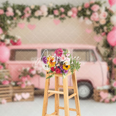 Aperturee - Aperturee Pink Balloons Bus Greenery Valentines Day Backdrop