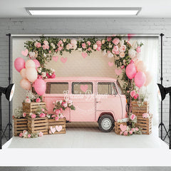 Aperturee - Aperturee Pink Balloons Bus Greenery Valentines Day Backdrop