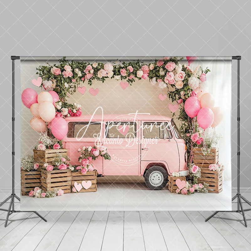 Aperturee - Aperturee Pink Balloons Bus Greenery Valentines Day Backdrop