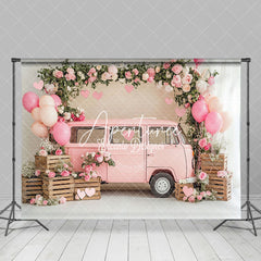 Aperturee - Aperturee Pink Balloons Bus Greenery Valentines Day Backdrop