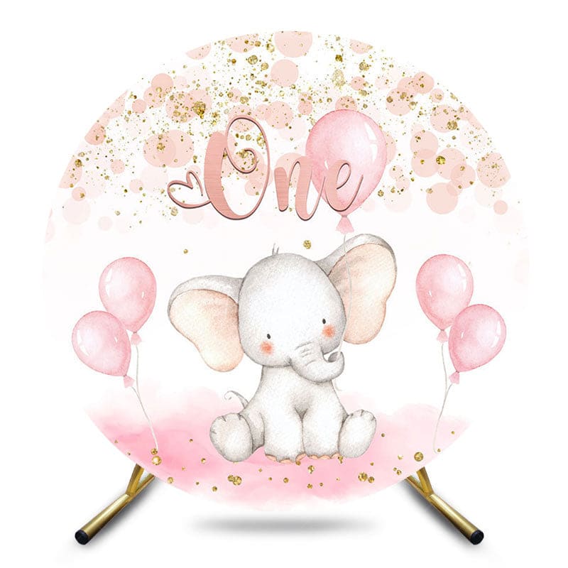 Aperturee - Aperturee Pink Balloons Elephant One Birthday Round Backdrop