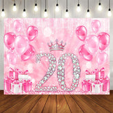 Aperturee - Aperturee Pink Balloons Gifts Crown 20th Birthday Backdrop