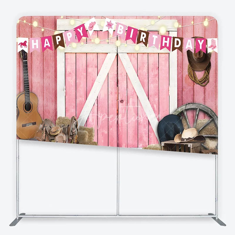 Aperturee - Aperturee Pink Barn Door Happy Birthday Square Double-Sided Backdrop Rustic Country Western Farm Party Decor with Cowboy