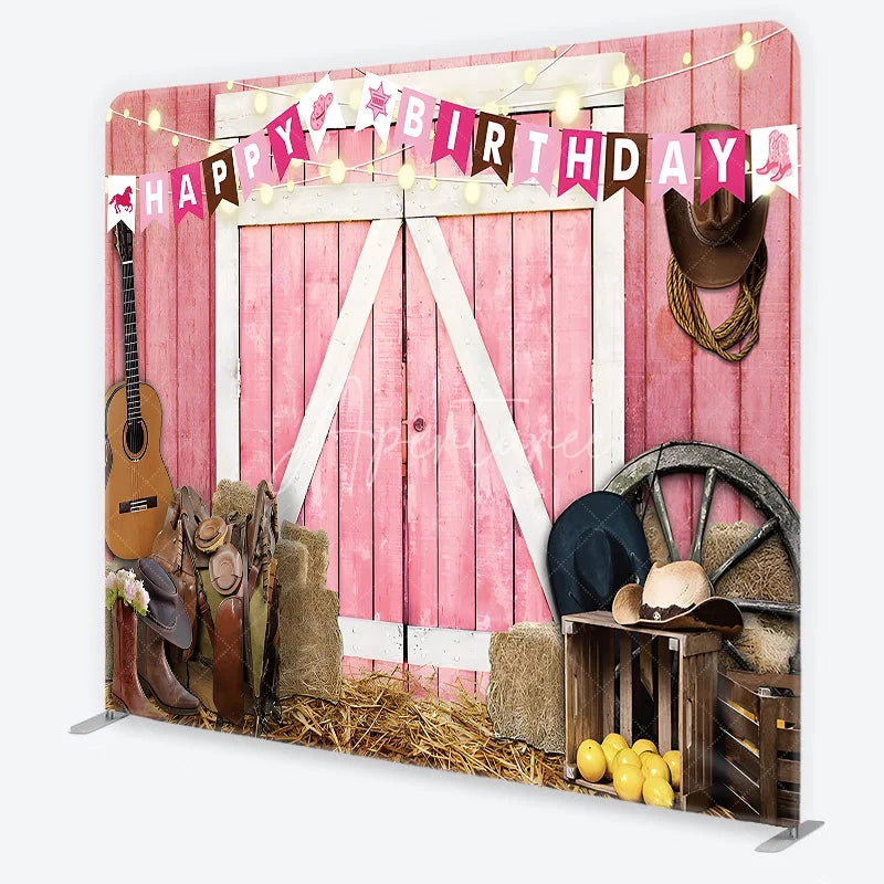 Aperturee - Aperturee Pink Barn Door Happy Birthday Square Double-Sided Backdrop Rustic Country Western Farm Party Decor with Cowboy