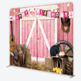 Aperturee - Aperturee Pink Barn Door Happy Birthday Square Double-Sided Backdrop Rustic Country Western Farm Party Decor with Cowboy