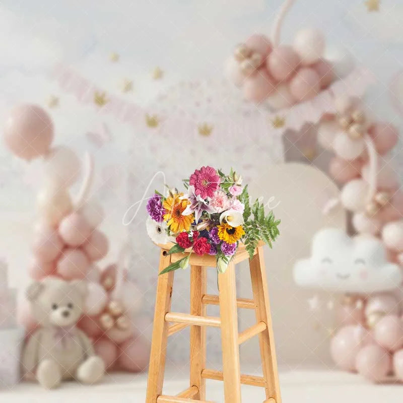 Aperturee - Aperturee Pink Bear Cake Smash Backdrop Balloon Garland Castle Background Girl 1st Birthday Princess Cloud Photography Prop