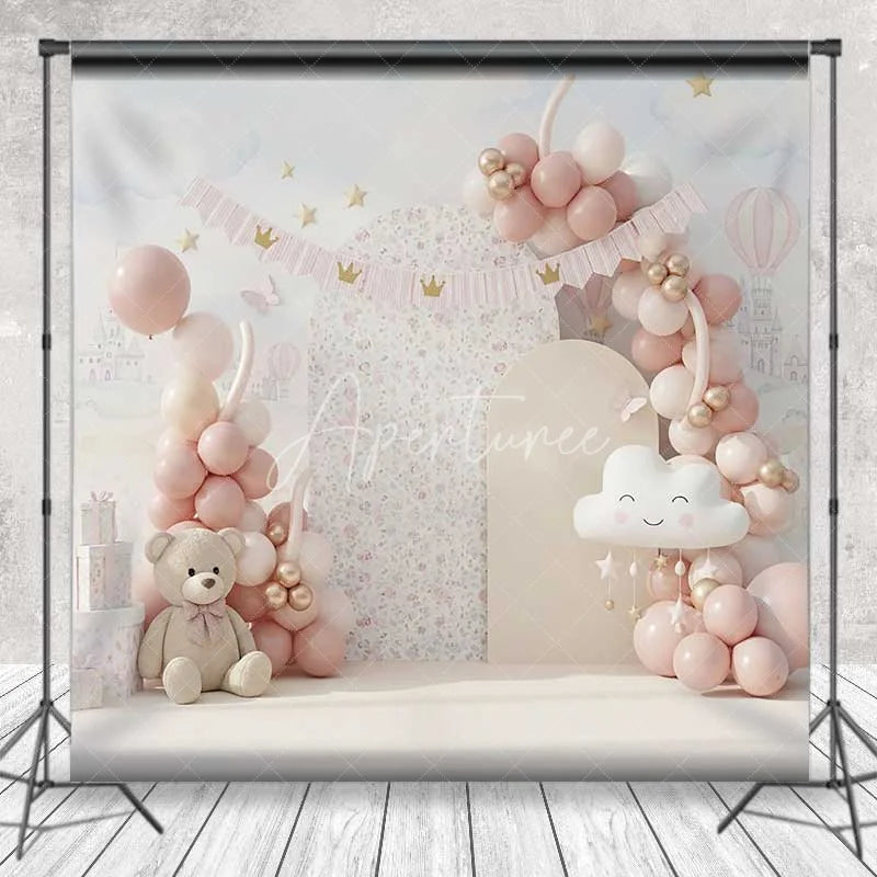 Aperturee - Aperturee Pink Bear Cake Smash Backdrop Balloon Garland Castle Background Girl 1st Birthday Princess Cloud Photography Prop