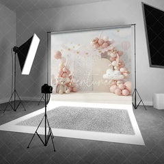 Aperturee - Aperturee Pink Bear Cake Smash Backdrop Balloon Garland Castle Background Girl 1st Birthday Princess Cloud Photography Prop