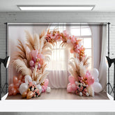 Aperturee - Aperturee Pink Beige Arch Balloons Boho Photography Backdrop