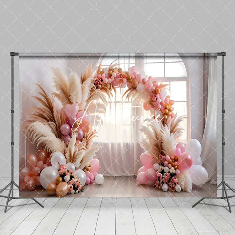 Aperturee - Aperturee Pink Beige Arch Balloons Boho Photography Backdrop