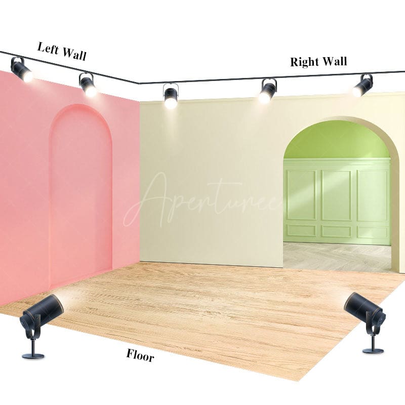 Aperturee - Aperturee Pink Beige Arch Wall Wood Floor Room Set Backdrop