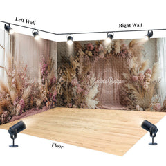 Aperturee - Aperturee Pink Beige Boho Floral Curtain Room Set Backdrop