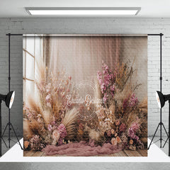 Aperturee - Aperturee Pink Beige Boho Floral Curtain Room Set Backdrop