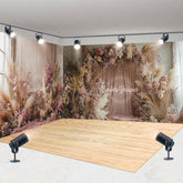 Aperturee - Aperturee Pink Beige Boho Floral Curtain Room Set Backdrop