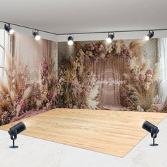 Aperturee - Aperturee Pink Beige Boho Floral Curtain Room Set Backdrop