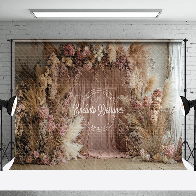 Aperturee - Aperturee Pink Beige Boho Floral Curtain Room Set Backdrop