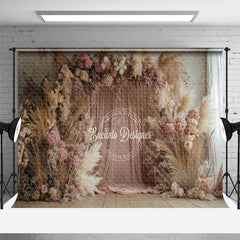 Aperturee - Aperturee Pink Beige Boho Floral Curtain Room Set Backdrop