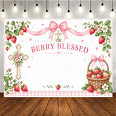 Aperturee - Aperturee Pink Berry Blessed Strawberry Birthday Backdrop with Cross and Gingham Ribbon Sweet Floral Basket Decor