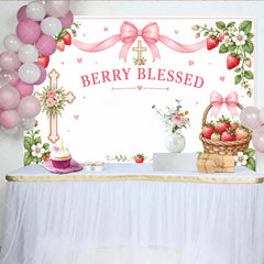 Aperturee - Aperturee Pink Berry Blessed Strawberry Birthday Backdrop with Cross and Gingham Ribbon Sweet Floral Basket Decor