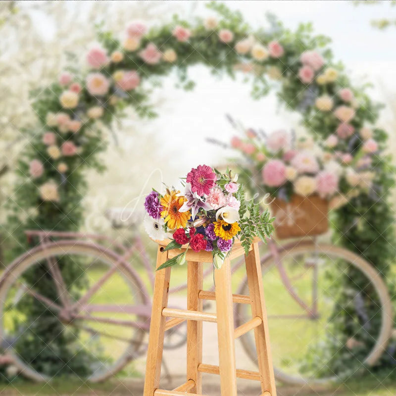 Aperturee - Aperturee Pink Bicycle and Floral Arch Photography Backdrop Spring Garden Peonies and Roses Romantic Outdoor Scene