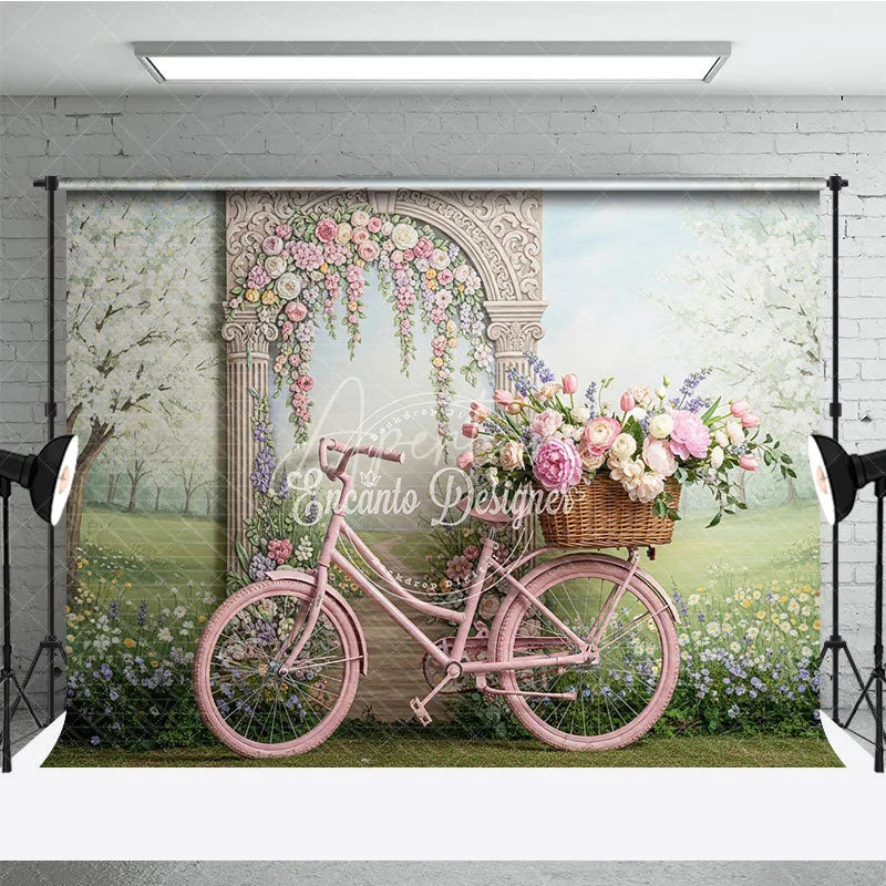 Aperturee - Aperturee Pink Bicycle and Floral Arch Spring Garden Photography Backdrop Whimsical Pastel Flowers for Party Decor