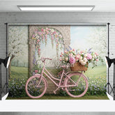 Aperturee - Aperturee Pink Bicycle and Floral Arch Spring Garden Photography Backdrop Whimsical Pastel Flowers for Party Decor