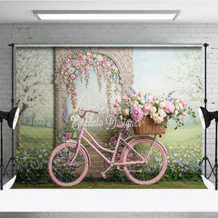 Aperturee - Aperturee Pink Bicycle and Floral Arch Spring Garden Photography Backdrop Whimsical Pastel Flowers for Party Decor