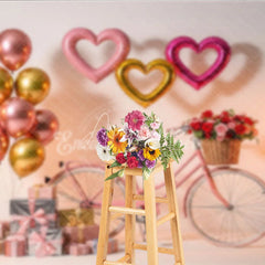 Aperturee - Aperturee Pink Bicycle Valentine Day Backdrop Rose Basket Heart Balloons Gift Box Background Romantic Photography Banner
