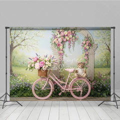 Aperturee - Aperturee Pink Bicycle with Floral Arch and Teddy Bear Photography Backdrop Spring Garden Theme for Baby Shower