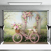 Aperturee - Aperturee Pink Bicycle with Floral Arch and Teddy Bear Photography Backdrop Spring Garden Theme for Baby Shower