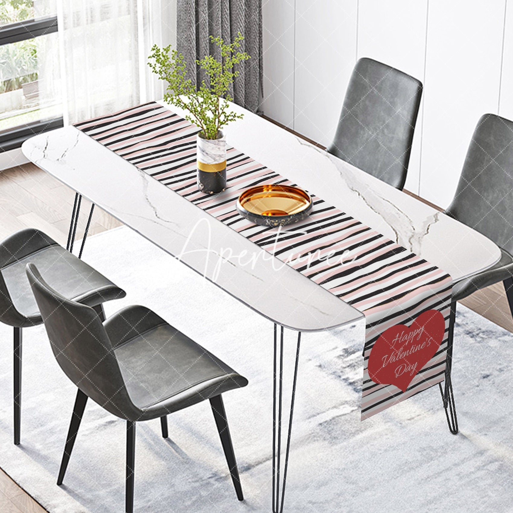 Aperturee - Aperturee Pink Black Abstract Stripe Valentines Day Table Runner