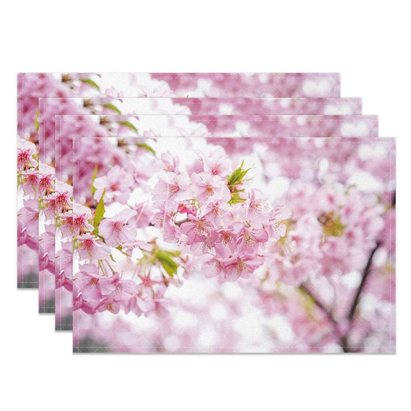 Aperturee - Aperturee Pink Blooming Cherry Blossom Set of 4 Placemats for Spring Festival and Japanese Themed Dining Decor